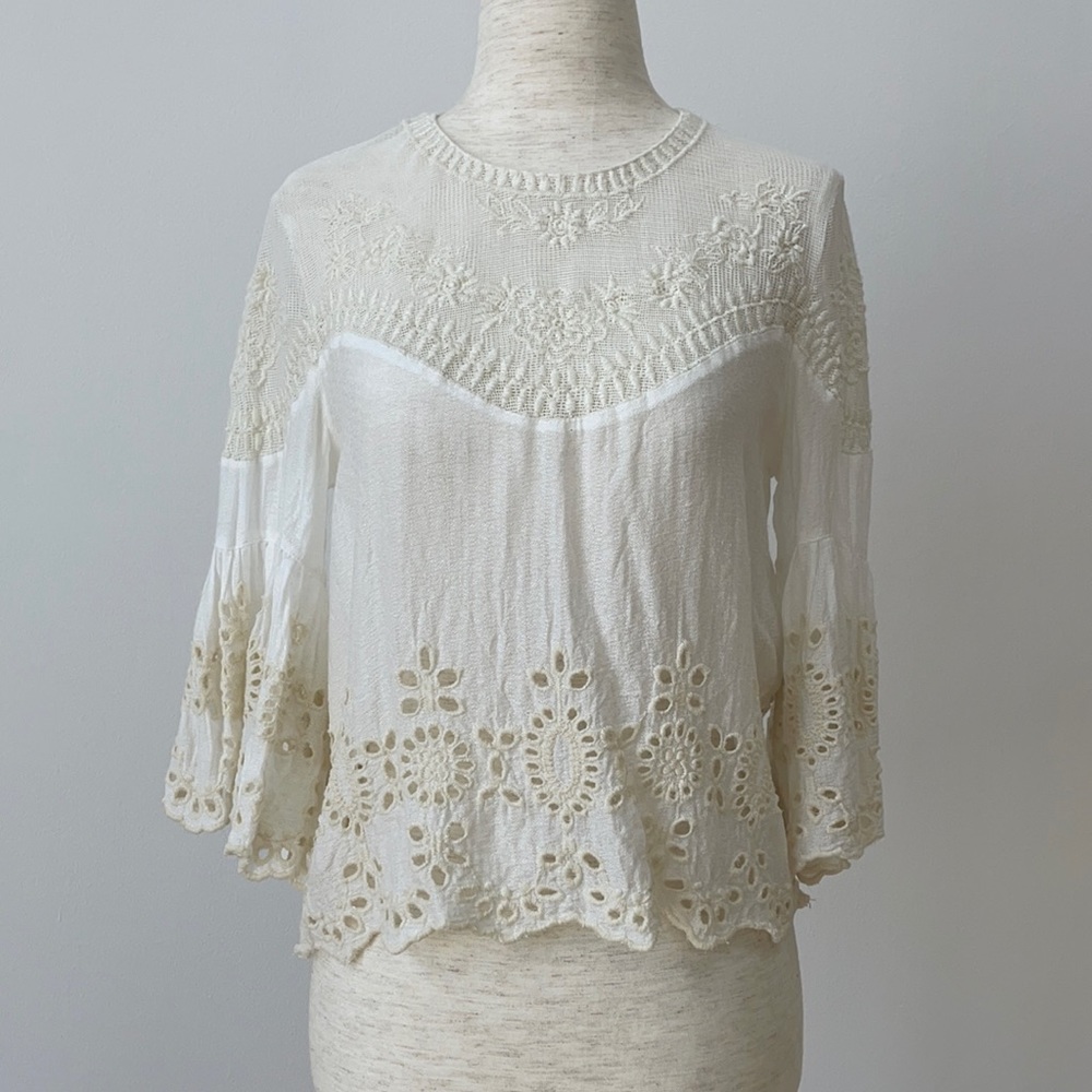 Zara Embroidered Lace Eyelet Blouse Top S
